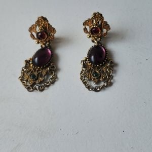 Vintage Earring/ Purple Cabochon Stone/ Clip on/ Antique Gold Finish.